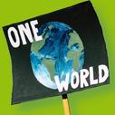 sign with inscription "One Wolrd" with the planet Earth