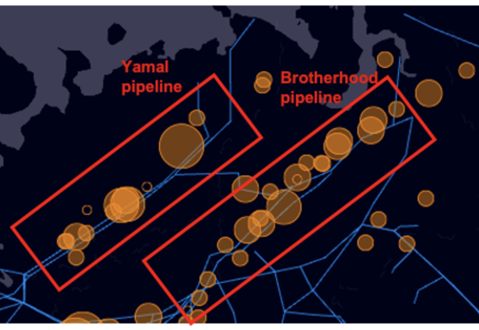 Emission hotspots detected around natural gas pipelines including the Yamal-Europe and ‘Brotherhood’ pipelines.