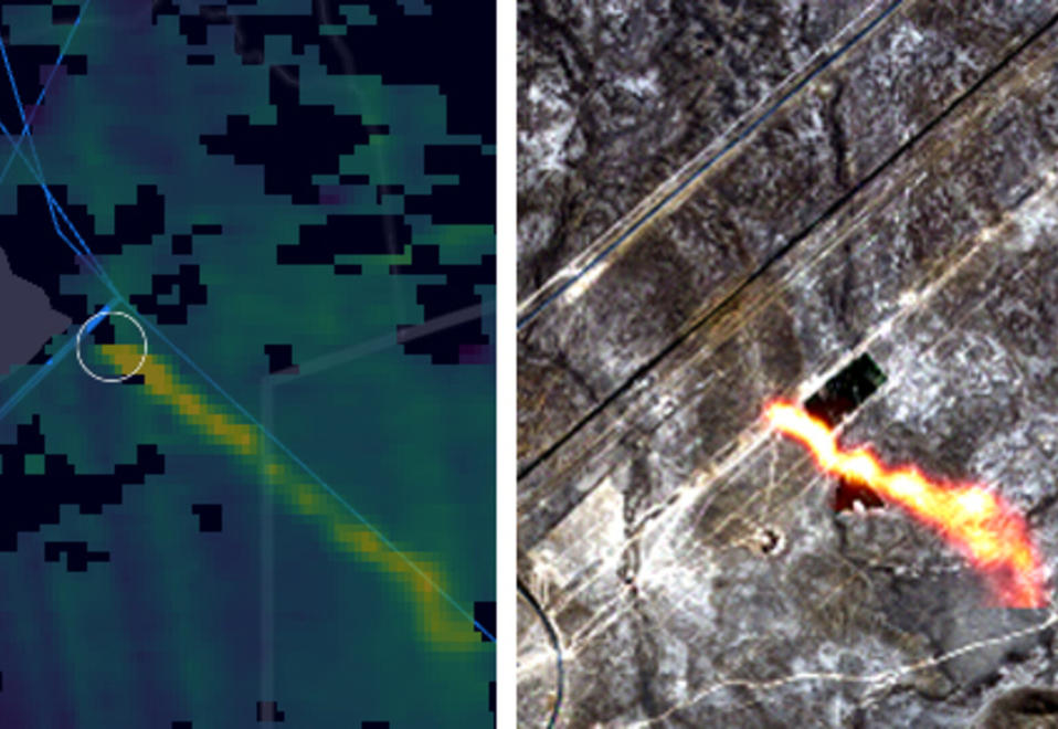 The images show methane hotspots over a gas pipeline in Kazakhstan detected by the Copernicus Sentinel-5P mission (left) and Copernicus Sentinel-2 mission (right)